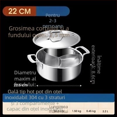 304 oțel inoxidabil, hot pot cu trei secțiuni și trei arome, corp extra gros, capacitate mare 6,1–10 litri, potrivit pentru plite variate, inclusiv inducție