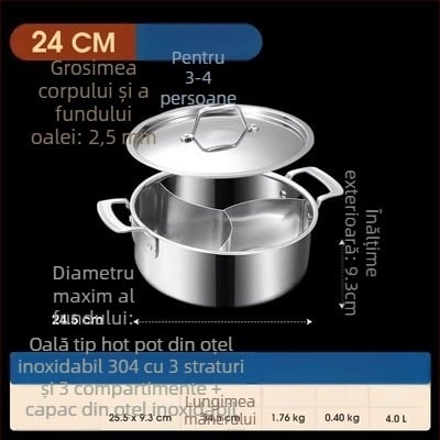 304 oțel inoxidabil, hot pot cu trei secțiuni și trei arome, corp extra gros, capacitate mare 6,1–10 litri, potrivit pentru plite variate, inclusiv inducție