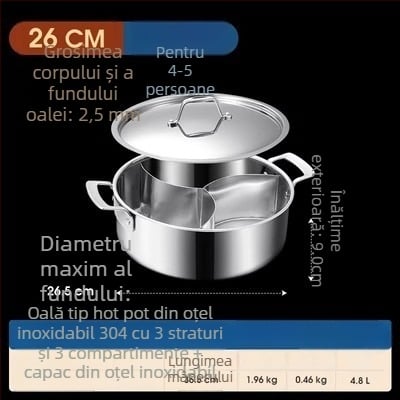304 oțel inoxidabil, hot pot cu trei secțiuni și trei arome, corp extra gros, capacitate mare 6,1–10 litri, potrivit pentru plite variate, inclusiv inducție