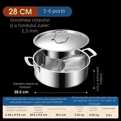 304 oțel inoxidabil, hot pot cu trei secțiuni și trei arome, corp extra gros, capacitate mare 6,1–10 litri, potrivit pentru plite variate, inclusiv inducție