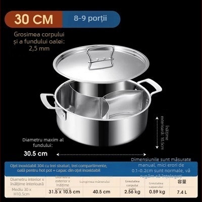 304 oțel inoxidabil, hot pot cu trei secțiuni și trei arome, corp extra gros, capacitate mare 6,1–10 litri, potrivit pentru plite variate, inclusiv inducție
