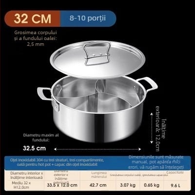 304 oțel inoxidabil, hot pot cu trei secțiuni și trei arome, corp extra gros, capacitate mare 6,1–10 litri, potrivit pentru plite variate, inclusiv inducție
