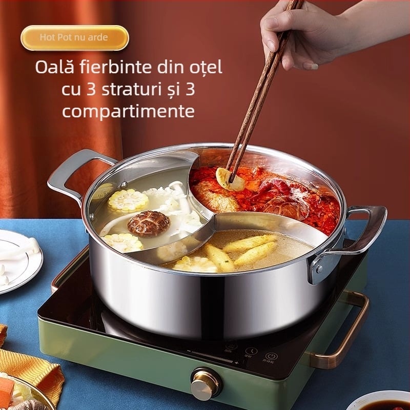 304 oțel inoxidabil, hot pot cu trei secțiuni și trei arome, corp extra gros, capacitate mare 6,1–10 litri, potrivit pentru plite variate, inclusiv inducție
