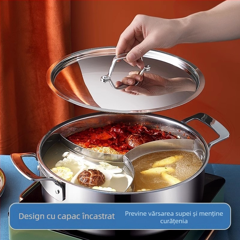 304 oțel inoxidabil, hot pot cu trei secțiuni și trei arome, corp extra gros, capacitate mare 6,1–10 litri, potrivit pentru plite variate, inclusiv inducție