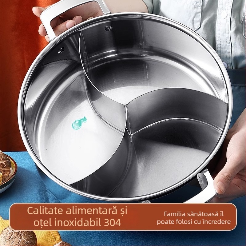 304 oțel inoxidabil, hot pot cu trei secțiuni și trei arome, corp extra gros, capacitate mare 6,1–10 litri, potrivit pentru plite variate, inclusiv inducție