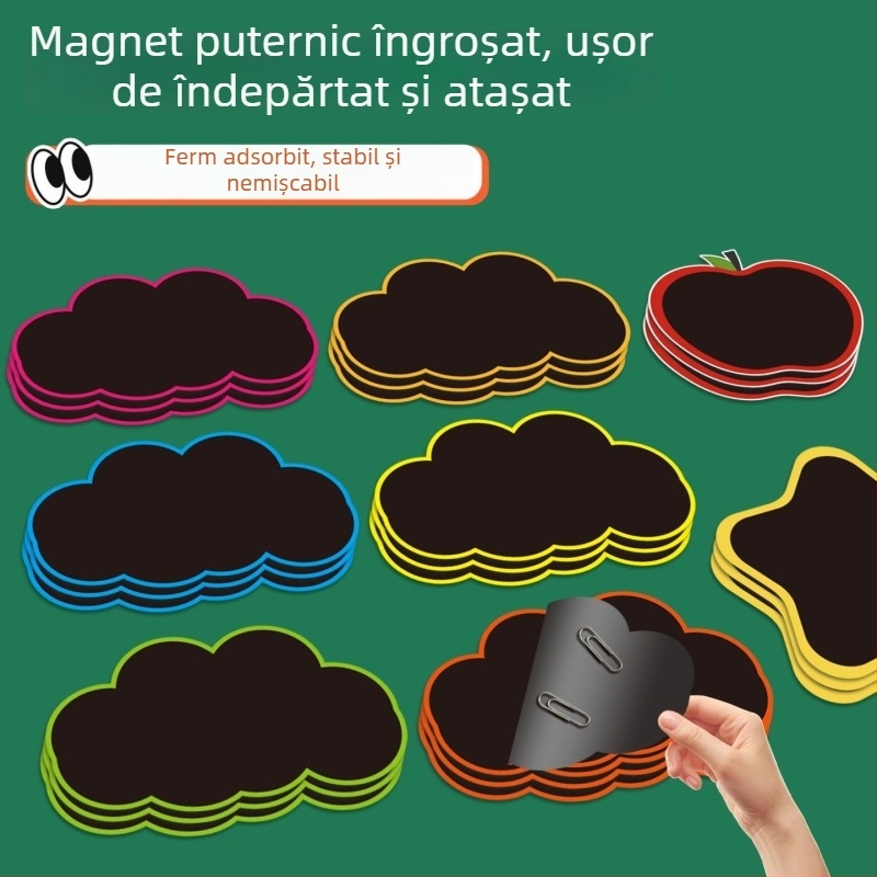 Etichete magnetice pentru tablă neagră, margine colorată, forme nor mic, inimă și măr, pentru scriere cu cretă în clasă