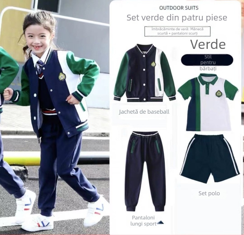 Set școlar pentru copii, trei piese, în stil britanic academic — jachetă de baseball, top și pantaloni pentru primăvară și toamnă