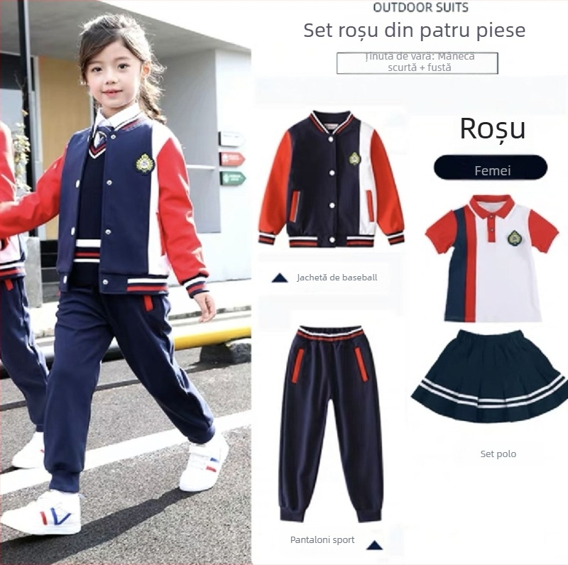 Set școlar pentru copii, trei piese, în stil britanic academic — jachetă de baseball, top și pantaloni pentru primăvară și toamnă
