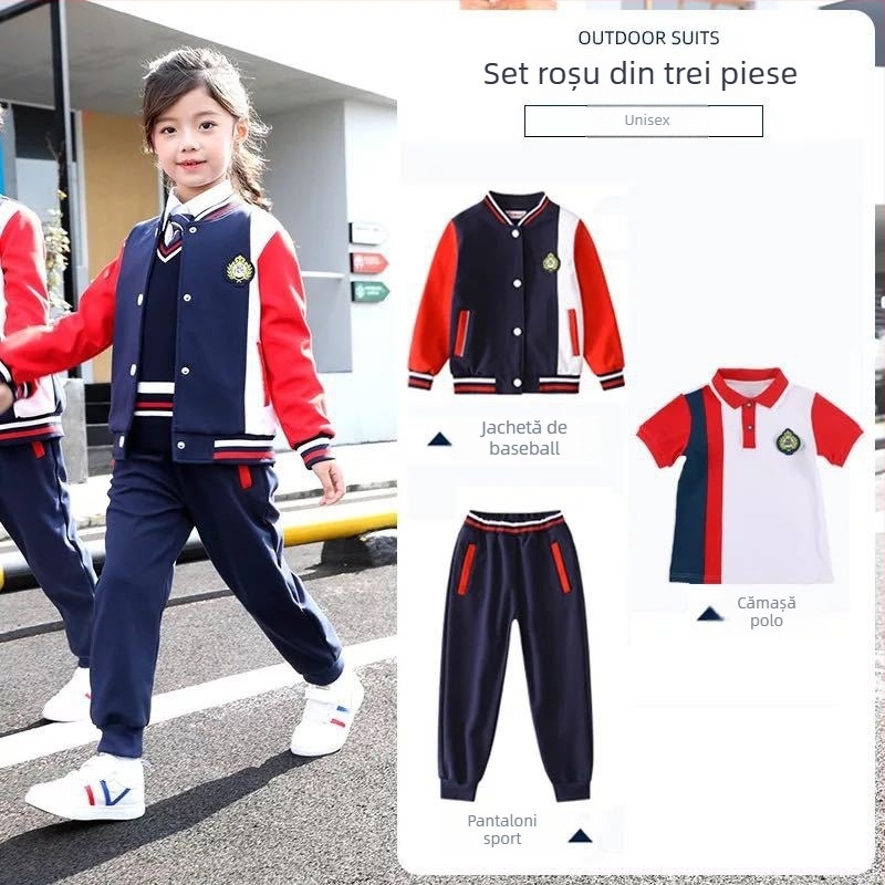 Set școlar pentru copii, trei piese, în stil britanic academic — jachetă de baseball, top și pantaloni pentru primăvară și toamnă