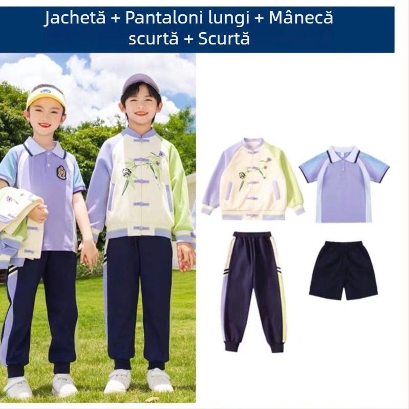Set uniformă școlară pentru copii — jachetă din bumbac cu fermoar și pantaloni, stil chinezesc Hanfu