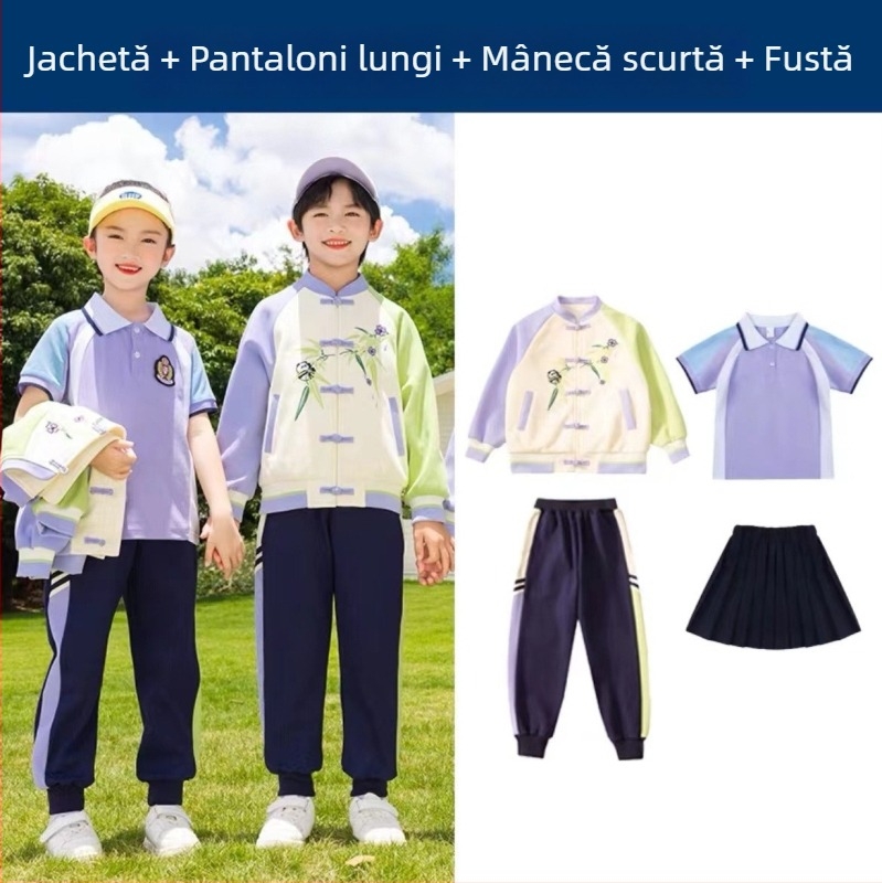 Set uniformă școlară pentru copii — jachetă din bumbac cu fermoar și pantaloni, stil chinezesc Hanfu