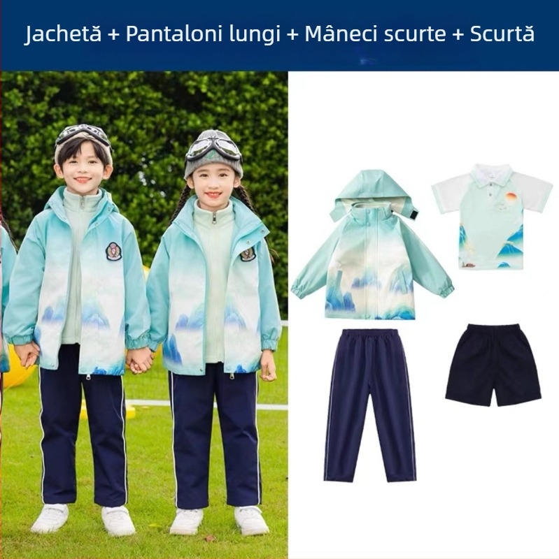 Set uniformă școlară pentru copii — jachetă din bumbac cu fermoar și pantaloni, stil chinezesc Hanfu