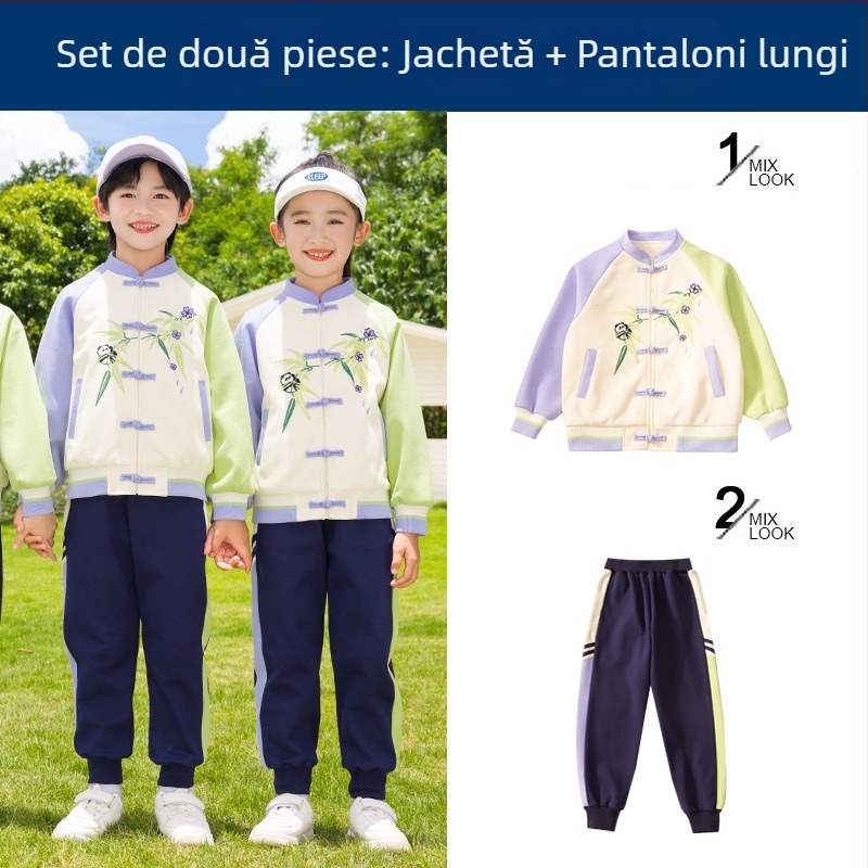 Set uniformă școlară pentru copii — jachetă din bumbac cu fermoar și pantaloni, stil chinezesc Hanfu