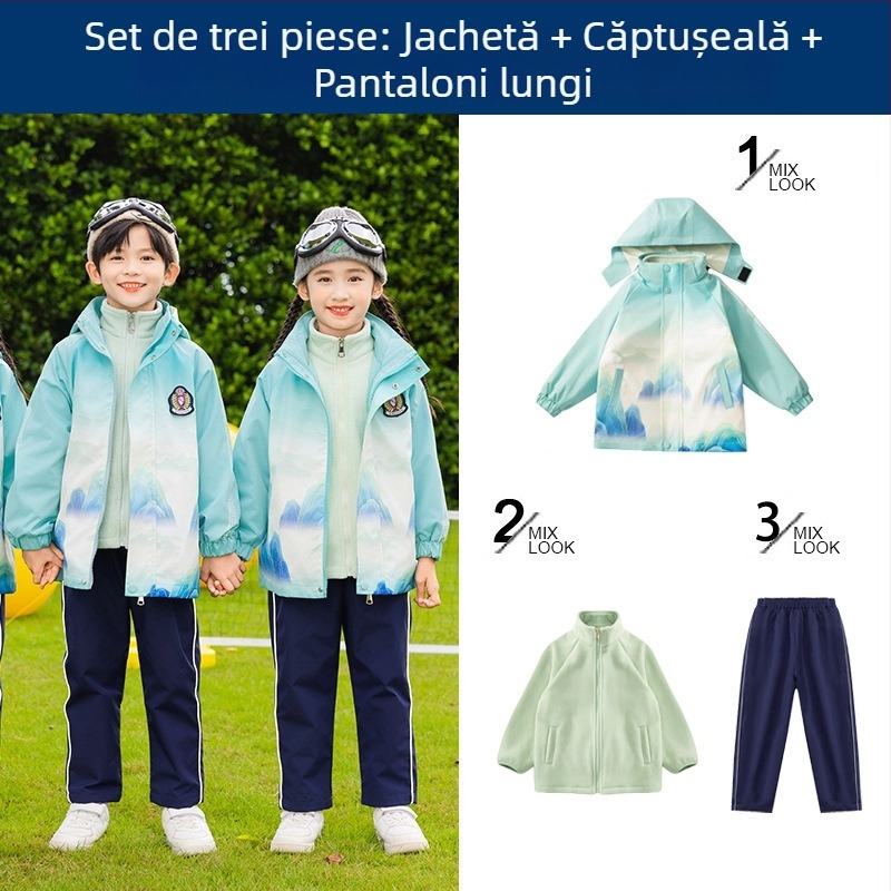 Set uniformă școlară pentru copii — jachetă din bumbac cu fermoar și pantaloni, stil chinezesc Hanfu