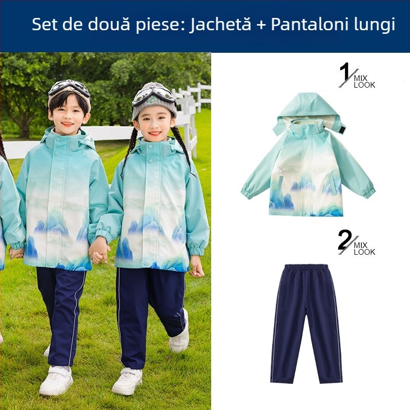 Set uniformă școlară pentru copii — jachetă din bumbac cu fermoar și pantaloni, stil chinezesc Hanfu
