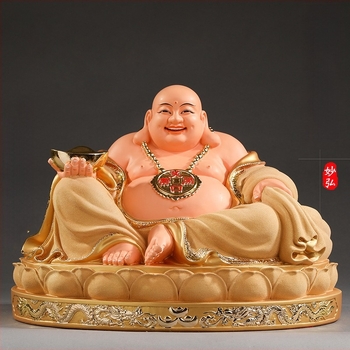 Statuetă Maitreya Buddha, roșie, cu burtă mare, Buddha zâmbitor pentru decor de casă, în cutie de lemn