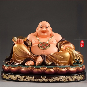 Statuetă Maitreya Buddha, roșie, cu burtă mare, Buddha zâmbitor pentru decor de casă, în cutie de lemn