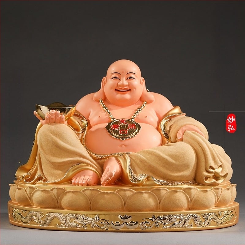 Statuetă Maitreya Buddha, roșie, cu burtă mare, Buddha zâmbitor pentru decor de casă, în cutie de lemn
