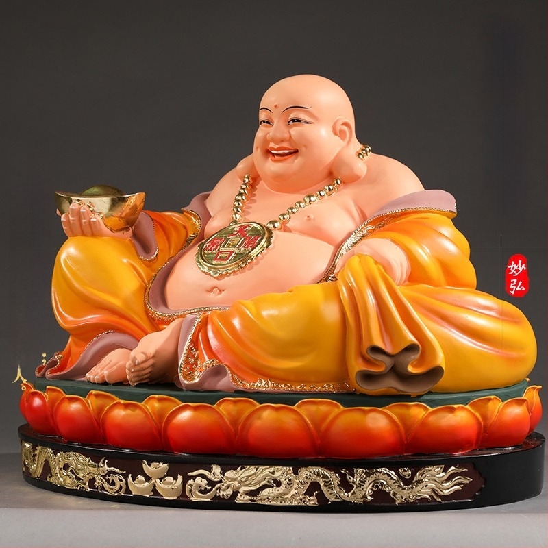 Statuetă Maitreya Buddha, roșie, cu burtă mare, Buddha zâmbitor pentru decor de casă, în cutie de lemn
