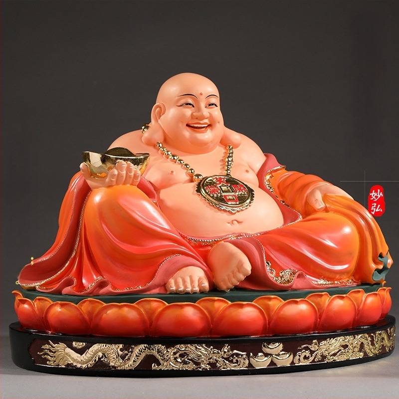 Statuetă Maitreya Buddha, roșie, cu burtă mare, Buddha zâmbitor pentru decor de casă, în cutie de lemn