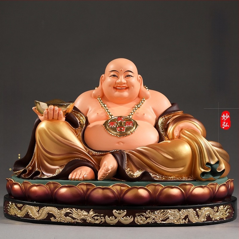 Statuetă Maitreya Buddha, roșie, cu burtă mare, Buddha zâmbitor pentru decor de casă, în cutie de lemn