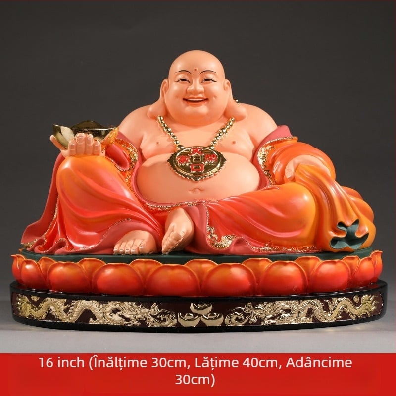 Statuetă Maitreya Buddha, roșie, cu burtă mare, Buddha zâmbitor pentru decor de casă, în cutie de lemn