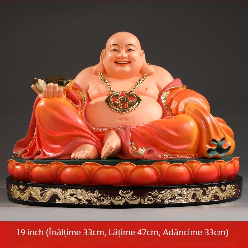 Statuetă Maitreya Buddha, roșie, cu burtă mare, Buddha zâmbitor pentru decor de casă, în cutie de lemn