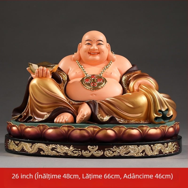 Statuetă Maitreya Buddha, roșie, cu burtă mare, Buddha zâmbitor pentru decor de casă, în cutie de lemn