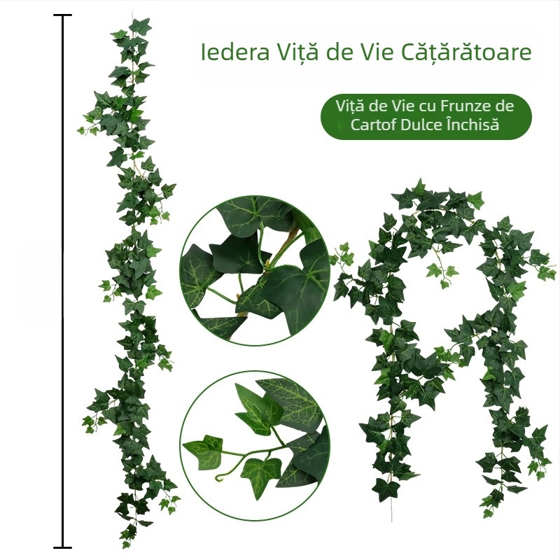 Liană artificială de catarare pentru decor, cu frunze și lăstari plastici, verzi, pentru conducte de aer condiționat și țevi de apă