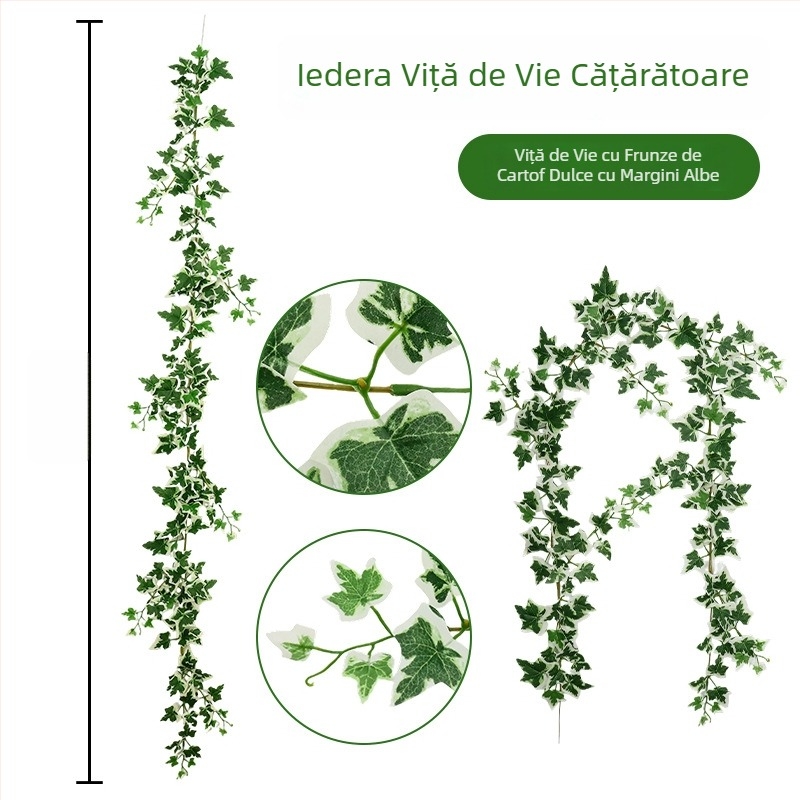 Liană artificială de catarare pentru decor, cu frunze și lăstari plastici, verzi, pentru conducte de aer condiționat și țevi de apă