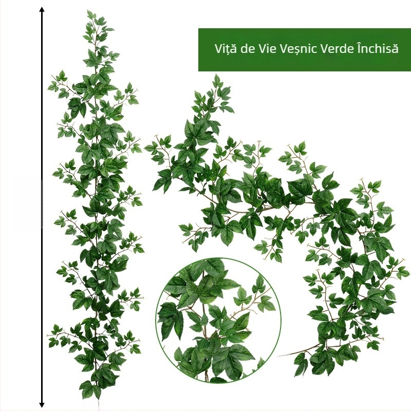 Liană artificială de catarare pentru decor, cu frunze și lăstari plastici, verzi, pentru conducte de aer condiționat și țevi de apă