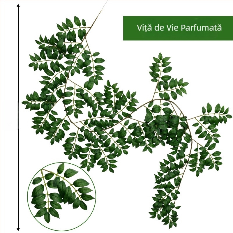 Liană artificială de catarare pentru decor, cu frunze și lăstari plastici, verzi, pentru conducte de aer condiționat și țevi de apă