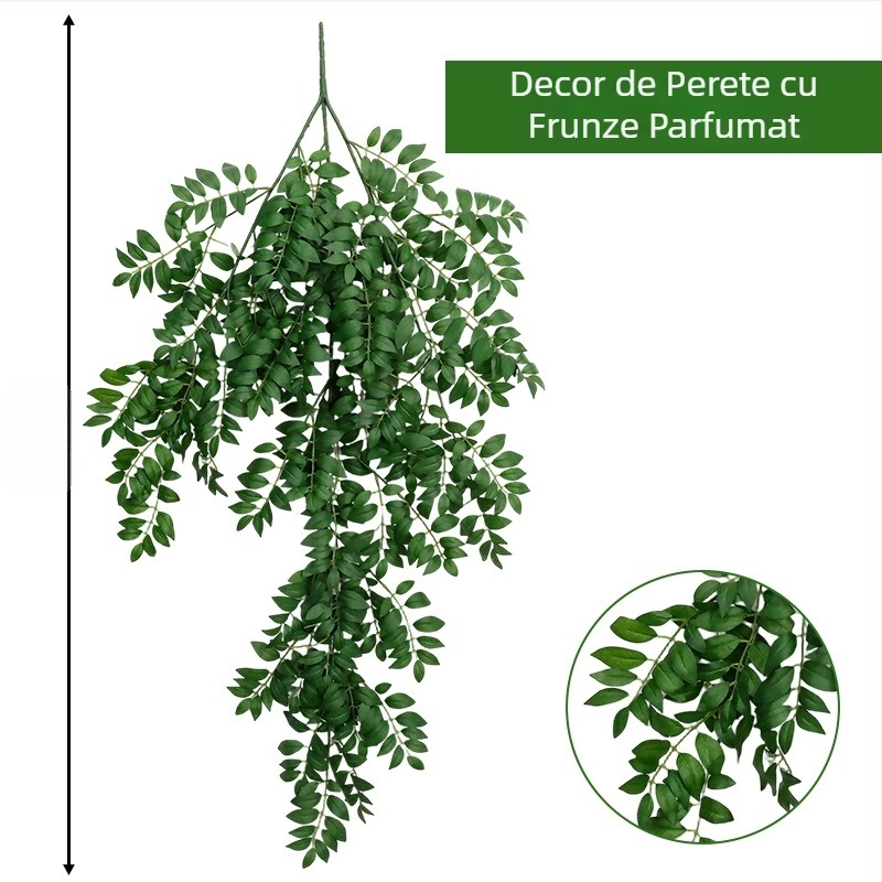Liană artificială de catarare pentru decor, cu frunze și lăstari plastici, verzi, pentru conducte de aer condiționat și țevi de apă