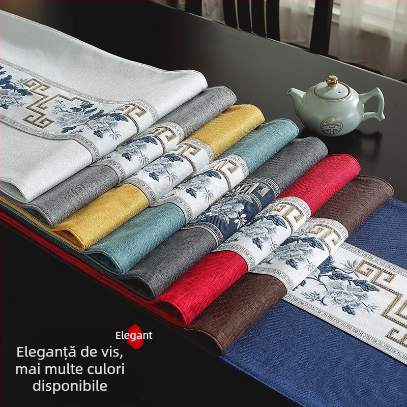 Stil chinezesc nou: runner de masă impermeabil brodat cu ciucuri, țesătură leno-bumbac pentru masă de ceai în stil Zen, lux ușor