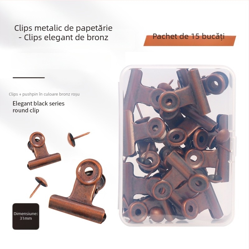 Set din oțel inoxidabil, colorat, pentru bilete și papetărie – include clipuri cu coadă lungă, clipuri rotunde de birou, știfturi și un clip metalic pentru agendă în cutie