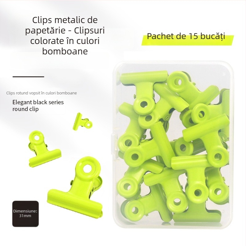 Set din oțel inoxidabil, colorat, pentru bilete și papetărie – include clipuri cu coadă lungă, clipuri rotunde de birou, știfturi și un clip metalic pentru agendă în cutie