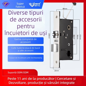 Set de accesorii pentru încuietoare inteligentă de hotel: corpul încuietorii, plăcuța de încuietoare a ușii, sursă externă de alimentare de 6V, cutie de baterii, placă de bază și gateway pentru controlul accesului.