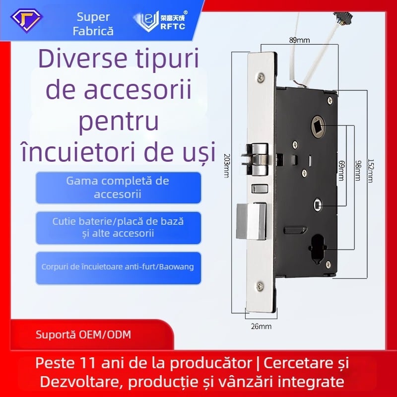 Set de accesorii pentru încuietoare inteligentă de hotel: corpul încuietorii, plăcuța de încuietoare a ușii, sursă externă de alimentare de 6V, cutie de baterii, placă de bază și gateway pentru controlul accesului.
