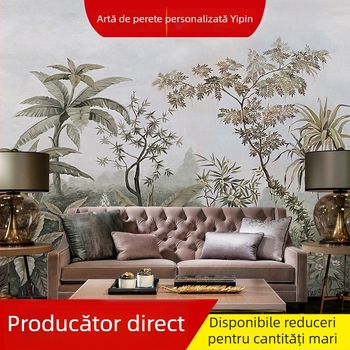 Tapet american retro cu plante din pădurea tropicală, pânză murală fără cusături pentru perete, certificat ecologic