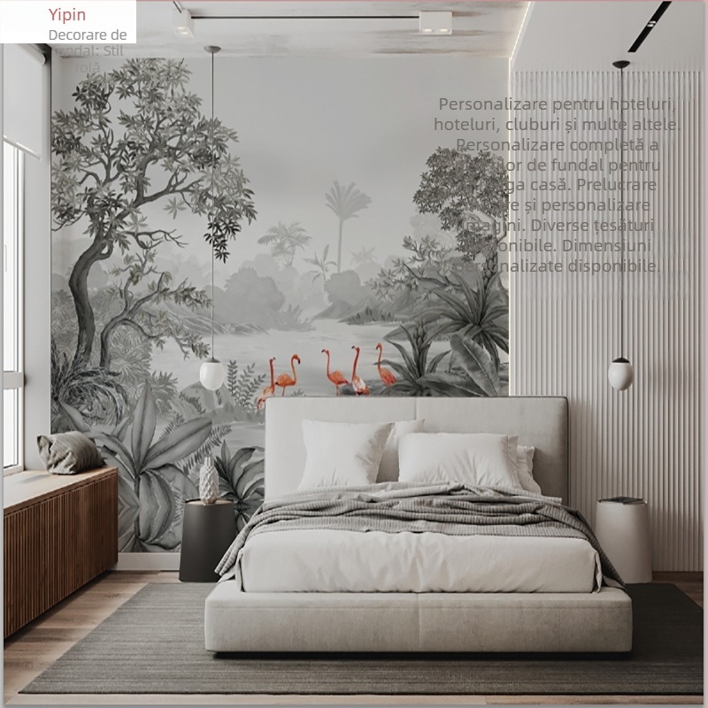 Tapet american retro cu plante din pădurea tropicală, pânză murală fără cusături pentru perete, certificat ecologic