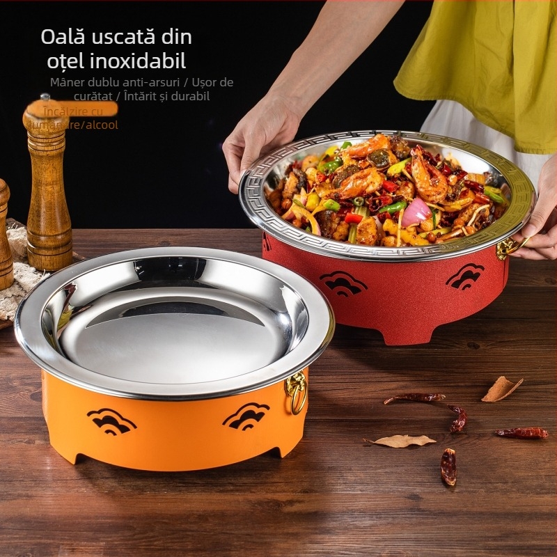 Set de arzător cu alcool și oală mică de gătit, oțel inox, model Dry Pot, stil Chinez nou, bază de încălzire integrată