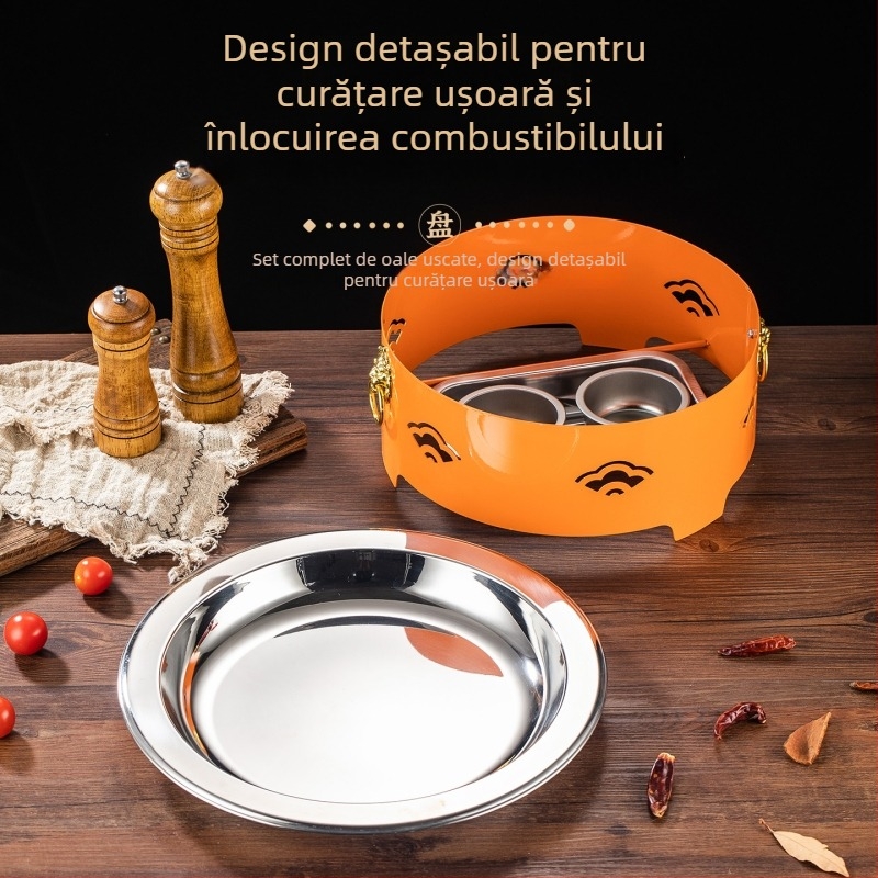 Set de arzător cu alcool și oală mică de gătit, oțel inox, model Dry Pot, stil Chinez nou, bază de încălzire integrată