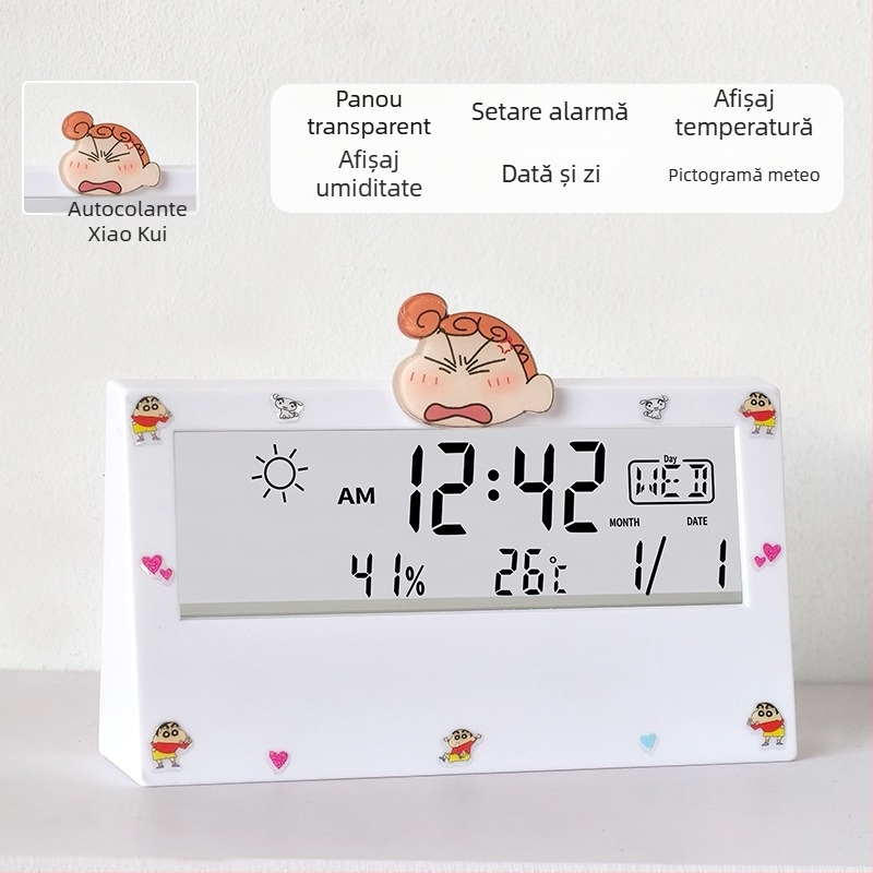 Ceas deșteptător transparent, cu două fețe, pentru studenți, cu termometru, afișaj ce luminează în întuneric, prognoză meteo și afișaj săptămânal – ceas de noptiere