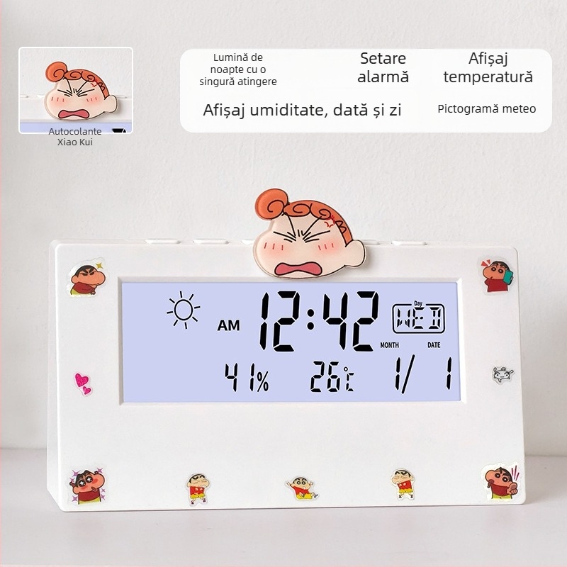 Ceas deșteptător transparent, cu două fețe, pentru studenți, cu termometru, afișaj ce luminează în întuneric, prognoză meteo și afișaj săptămânal – ceas de noptiere