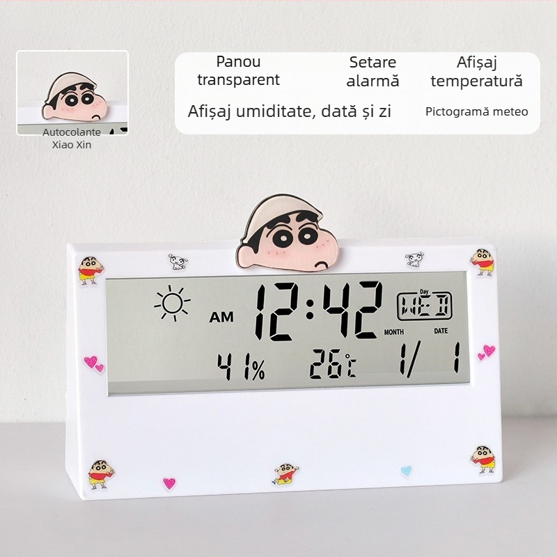 Ceas deșteptător transparent, cu două fețe, pentru studenți, cu termometru, afișaj ce luminează în întuneric, prognoză meteo și afișaj săptămânal – ceas de noptiere