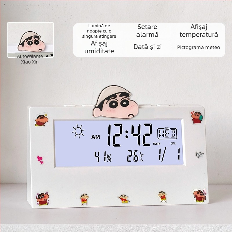 Ceas deșteptător transparent, cu două fețe, pentru studenți, cu termometru, afișaj ce luminează în întuneric, prognoză meteo și afișaj săptămânal – ceas de noptiere
