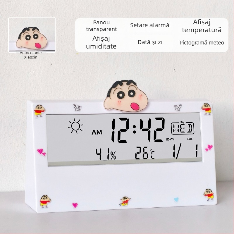 Ceas deșteptător transparent, cu două fețe, pentru studenți, cu termometru, afișaj ce luminează în întuneric, prognoză meteo și afișaj săptămânal – ceas de noptiere