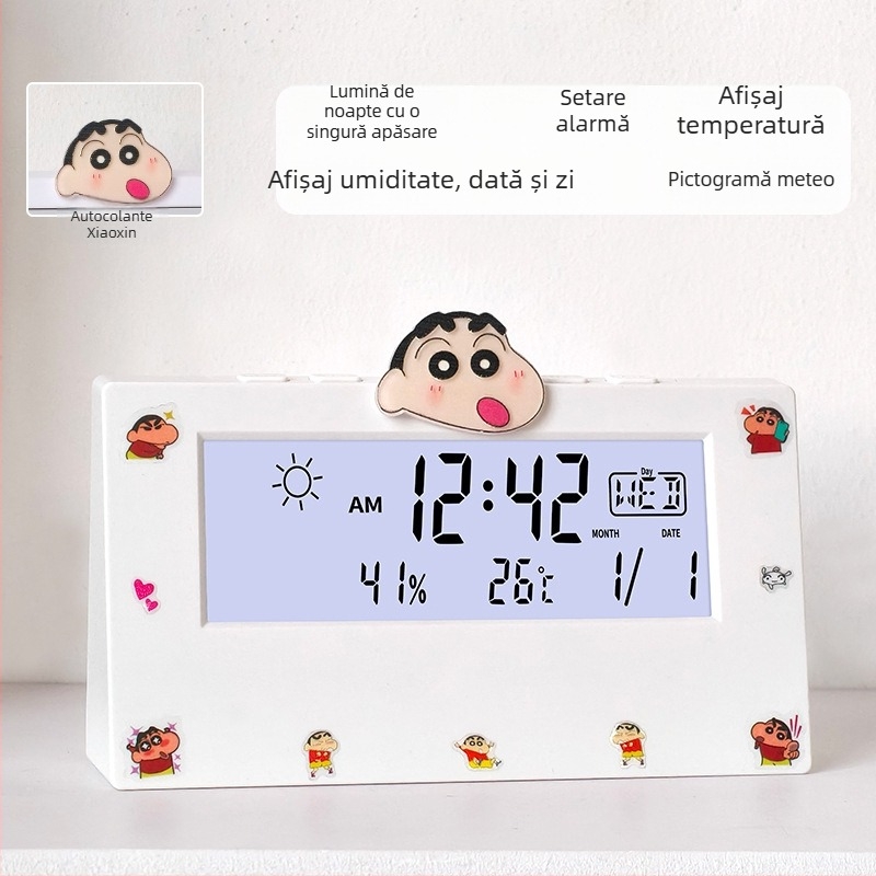 Ceas deșteptător transparent, cu două fețe, pentru studenți, cu termometru, afișaj ce luminează în întuneric, prognoză meteo și afișaj săptămânal – ceas de noptiere