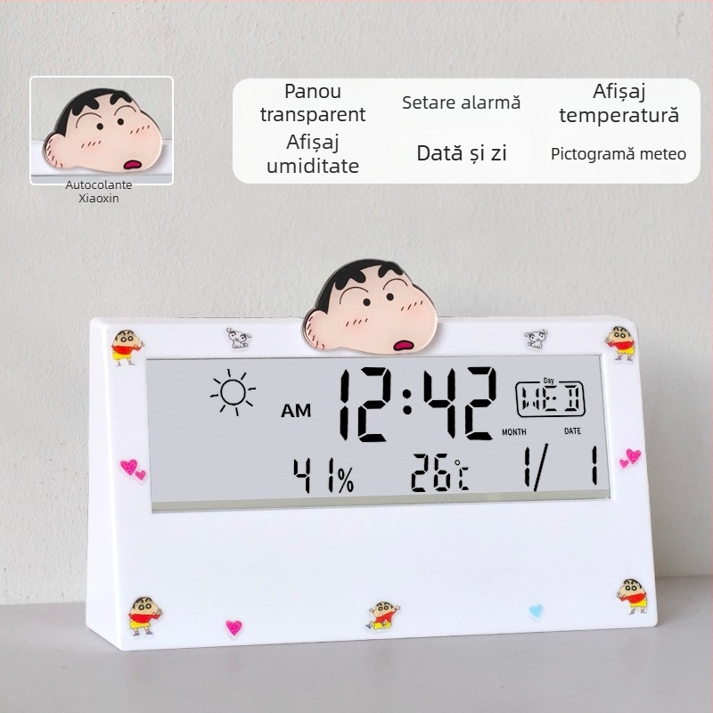Ceas deșteptător transparent, cu două fețe, pentru studenți, cu termometru, afișaj ce luminează în întuneric, prognoză meteo și afișaj săptămânal – ceas de noptiere