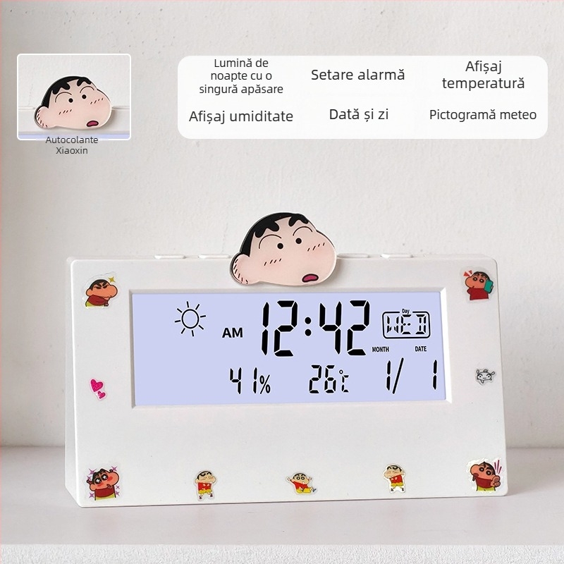 Ceas deșteptător transparent, cu două fețe, pentru studenți, cu termometru, afișaj ce luminează în întuneric, prognoză meteo și afișaj săptămânal – ceas de noptiere